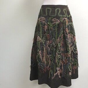 Just in Case brown pink green wool embroidered midi full skirt boho hippi M L 44
